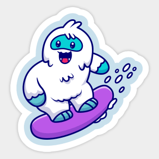 Cute Yeti Surfing In The Snow Cartoon Sticker